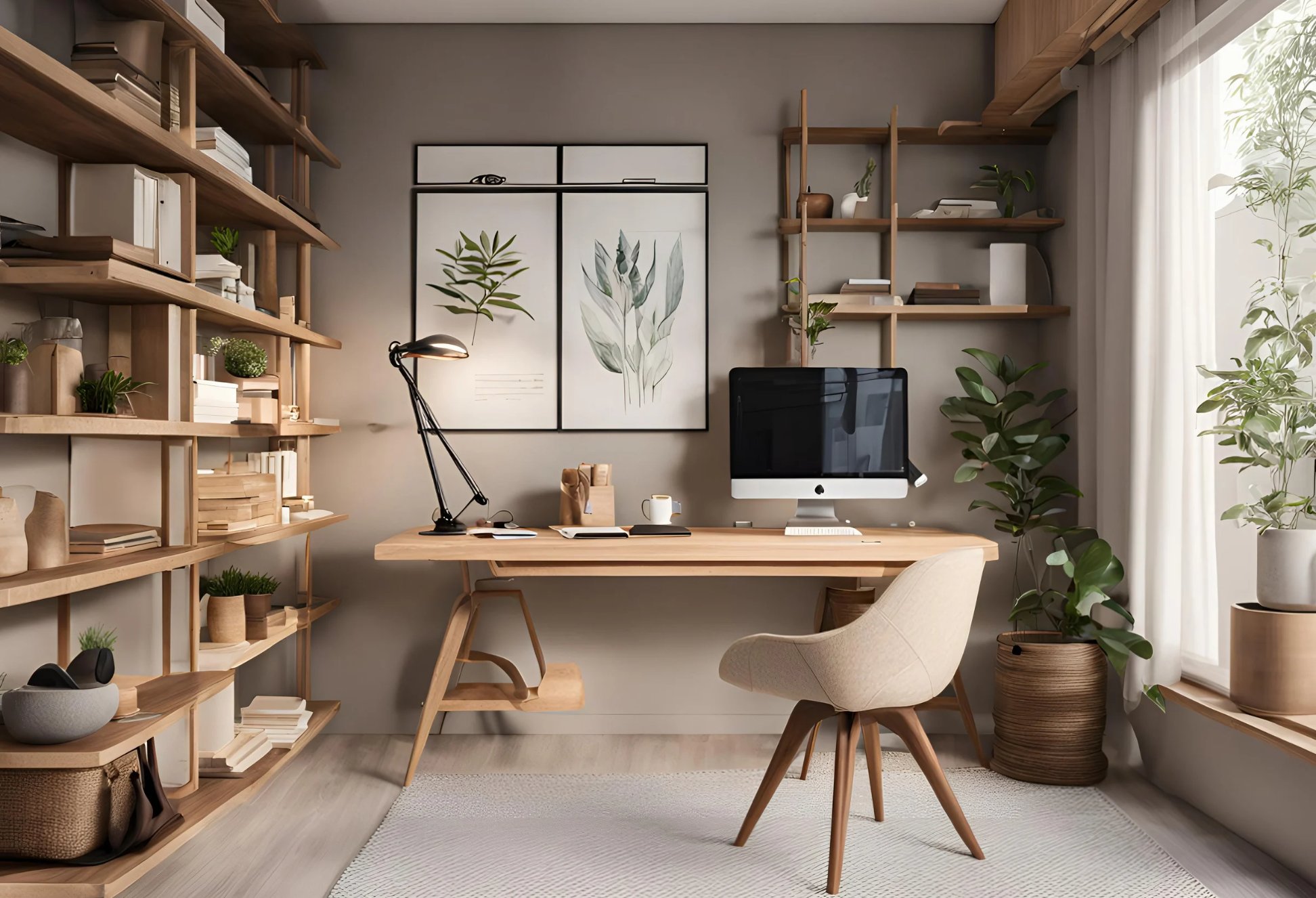 A home study with solid wood desk, library wall, anglepoise lamp, and morning light