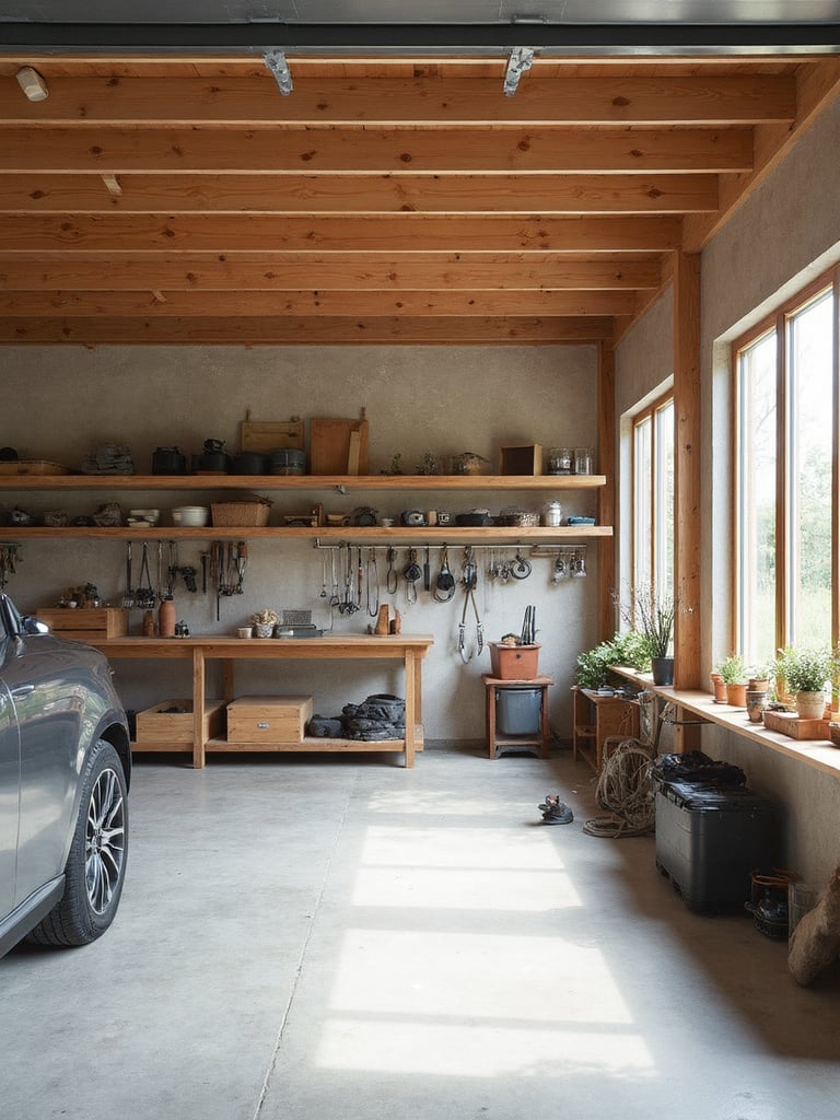 A workshop with exposed timber ceiling, oak floating shelves, hanging hand tools, and a wood workbench